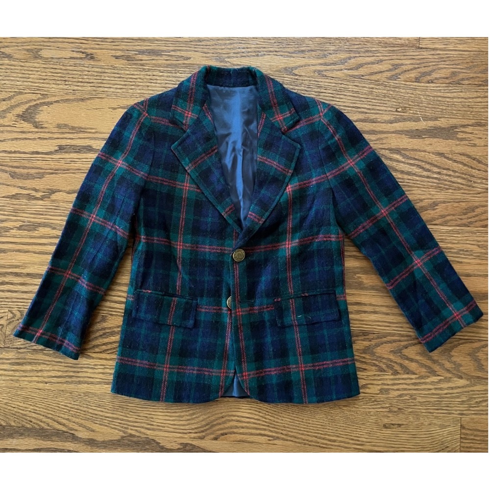 Imp Originals Vintage Kids Plaid Blazer Jacket Navy Green Red Size 7 Gold Button